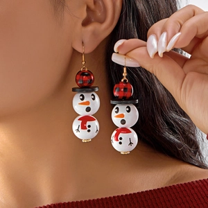Détail de boucles d'oreilles bonhomme de neige en perles portées par un mannequin
