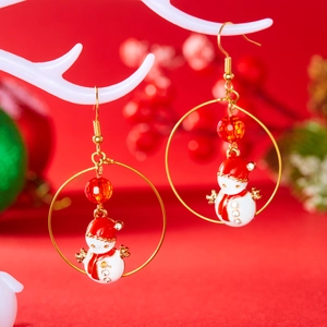 Christmas snowman hoop earrings with red faceted beads and festive winter theme