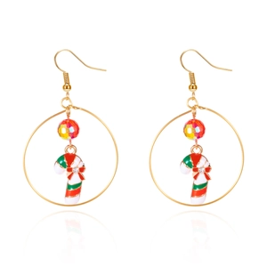 Close-up of Christmas candy cane hoop earring with colorful beads and red bow detail