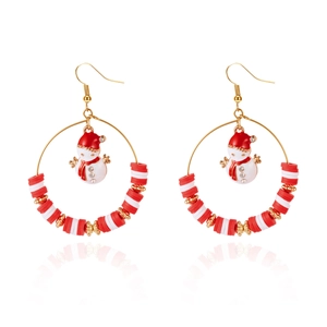 Detail of Christmas hoop earrings with snowman charm and polymer clay accents