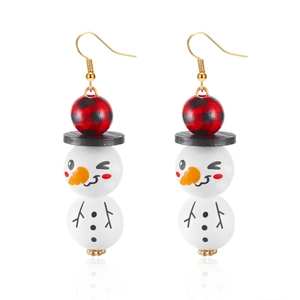 Détails des boucles d'oreilles bonhomme de neige en bois avec perles à carreaux rouges