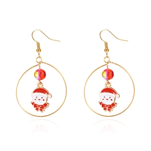 Detail view of festive Christmas earrings featuring a cartoon Santa and red crystal bead