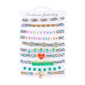 Detail of 10pcs Christmas beaded bracelet set with colorful heishi beads and metal charms