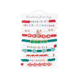 Detail of 10-piece Christmas clay bead bracelet set with festive letter charms