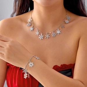 Detailed view of silver snowflake necklace and bracelet set worn on a model in red dress
