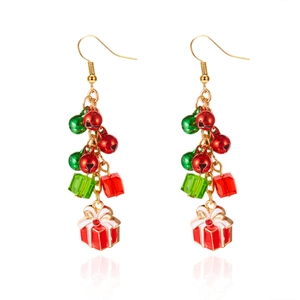 Handmade Christmas hoop earrings with red and green bells and festive gift box charms