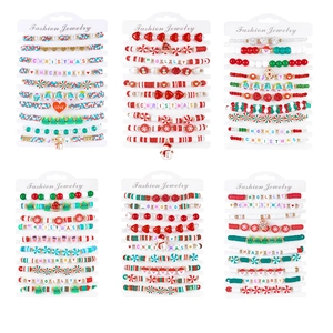 Colorful multilayer Christmas clay beaded bracelet set with festive charms and letters