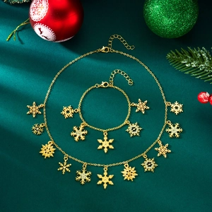 Golden Christmas jewelry set with snowflake pendants, necklace and bracelet with rhinestones