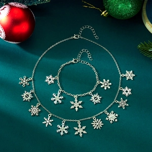 Detailed view of silver snowflake necklace and bracelet set with sparkling rhinestones