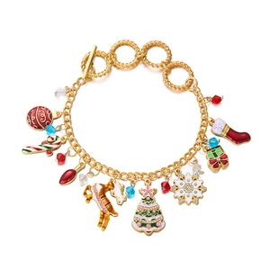 Christmas themed charm bracelet with gold chain, enamel reindeer, tree and snowflake pendants