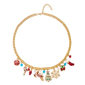 Detailed view of Christmas charm necklace with snowflake, reindeer and tree pendants