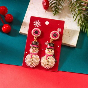 Détails des boucles d'oreilles bonhomme de neige sur fond festif rouge et vert