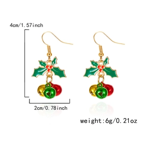 Detailed view of Christmas bell earrings with holly leaf design and size specifications