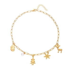 Goldene Weihnachtskette mit Weihnachtsmann, Rentier und Perle an Büroklammerkette