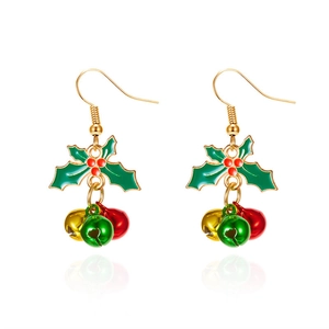 Detail of Christmas holly leaf earrings with colorful bells and red berries on white background