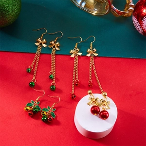 Christmas bow and bell tassel earrings set in festive red, green, and gold colors