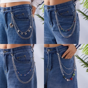 Chaîne de Taille Multicouche Tendance pour Hommes Femmes Punk Streetwear Cœur Étoile Pendentif Chaîne de Pantalon Bijoux Strass Cadeau