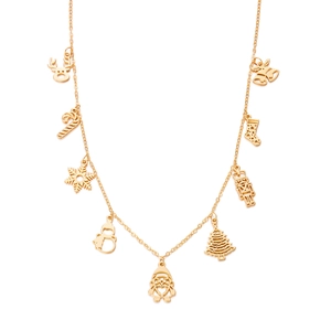 Détail du collier de Noël doré avec neuf breloques dont le renne et le sapin