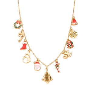 Vue détaillée du collier de Noël avec 11 breloques en émail dont le Père Noël et un bonhomme