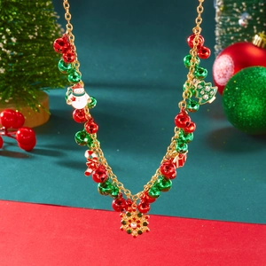 Collier de Noël doré avec pendentifs bonhomme de neige, sapin, sucre d'orge et cloches