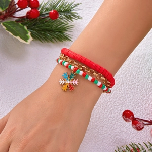 Christmas multilayer bracelet set with snowflake pendant, colorful beads and clay discs