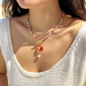 Summer Ocean Ceramic Fish Pendant Necklace Colorful Seed Beads Bohemian Starfish Artificial Pearl Charms Clavicle Chain For Women
