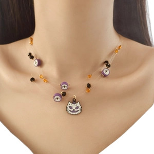 Three-layer Halloween necklace with cat face pendant and purple spider themed beads