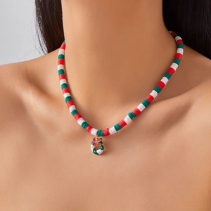 Christmas necklace with red green white clay beads and festive wreath charm for women