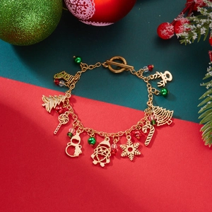 Detailed view of Christmas charm bracelet with Santa, reindeer and colorful holiday beads