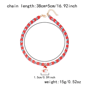 Detailed view of Christmas beaded necklace with enamel snowman pendant and dimensions