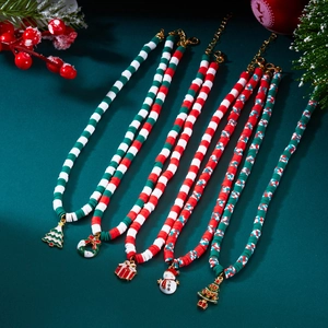 Chic 5-piece Christmas necklace set with colorful beads and festive alloy pendants