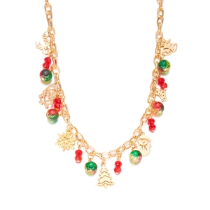 Christmas tree and reindeer double-layer gold necklace with red and green beads charm