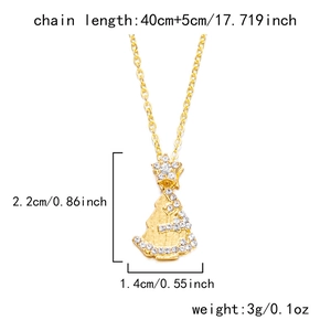 Detailed size chart showing golden Christmas tree pendant necklace with clear crystals