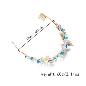 Detail of seashell headband with pearls and size labels 17cm and 60g weight info