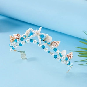 Bohemian mermaid bridal headband with blue crystals, starfish, and sea shells