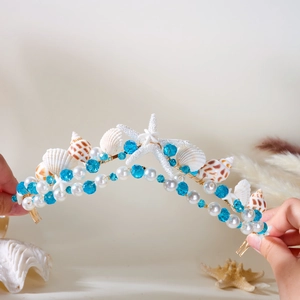 Bohemian mermaid crown with seashells, starfish, pearls and blue crystals for brides