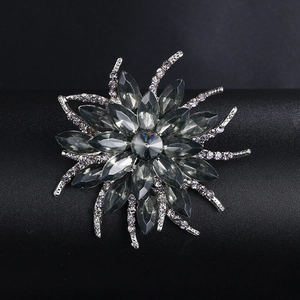 Vue détaillée d'une broche soleil argentée avec cristaux gris et strass scintillants