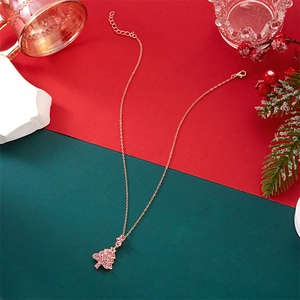 Sparkling pink rhinestone Christmas tree pendant necklace with gold chain for women