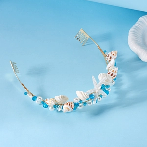 Bohemian mermaid bridal headband with seashells, starfish, pearls, and blue glass beads