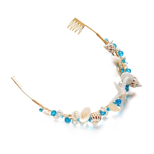 Bohemian mermaid bridal headband with gold wire, natural shells, starfish and blue beads