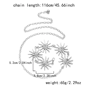 Detailed size specifications of silver sun pendant waist chain with 116cm length and weight