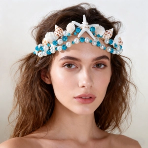 Mermaid Shell Starfish Bridal Headband Bohemian Natural Shell Faux Artificial Pearl Blue Crystal Gold Alloy Hair Hoop For Beach Wedding