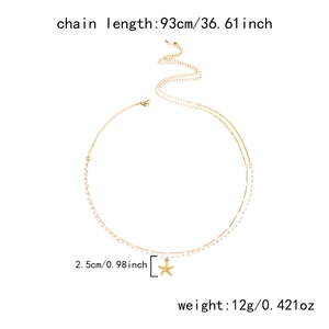 Detail of 93cm gold beaded waist chain with a 2.5cm starfish pendant and measurements