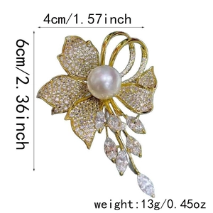 Détail d'une broche florale avec une grande perle blanche et cristaux micro-pavés rose