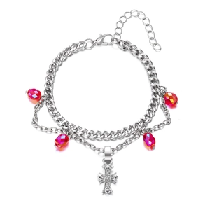 Collier double couche gothique avec pendentif croix et perles de cristal rouge sur argent