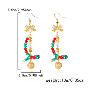 Christmas beaded spiral earrings with golden bow and sphere details, size measurements shown