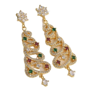 Golden Christmas tree drop earrings with sparkling red and green crystals and snowflake stars
