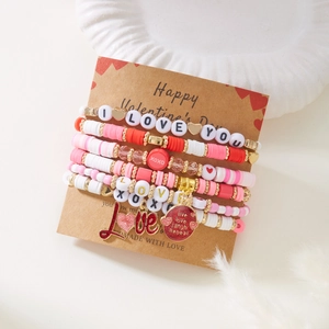 Ensemble de 5 bracelets élastiques Saint-Valentin avec breloques cœur et carte