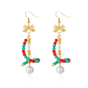 Handcrafted Christmas beaded drop earrings with festive red green beads and silver glitter ball