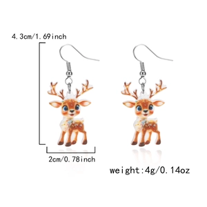 Cute acrylic Christmas reindeer drop earrings with colorful cartoon deer pattern